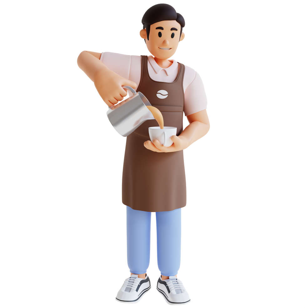 male barista pouring coffee 3d character illustration